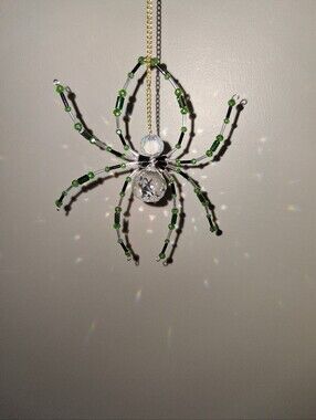 Beaded Crystal Spider Ornament - Green and Crystal Clear